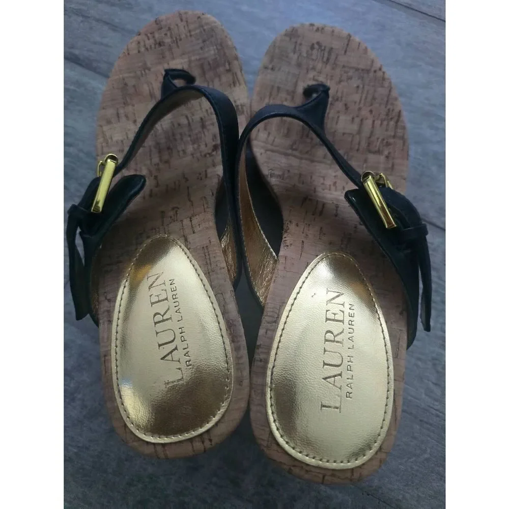 Women's Lauren Ralph Lauren Oralee‎ Wedge Sandal Black Leather and Cork Size 7.5